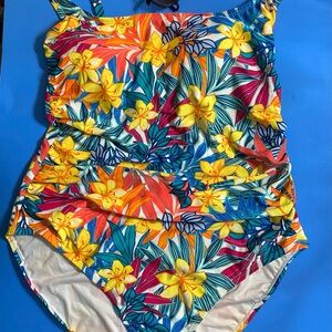 Caribbean Joe Women’s Floral Yellow, Blue and Orange One Piece Swimsuit NWT